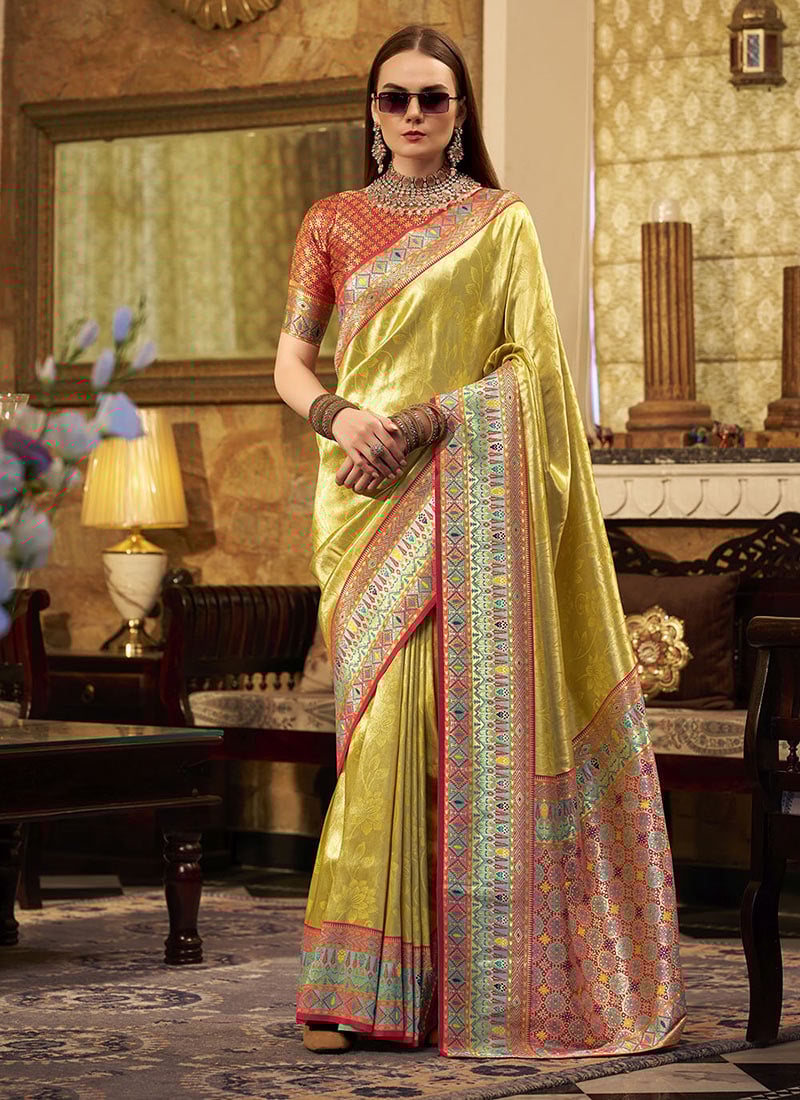 Lemon Yellow Tissue Silk Zari Woven Saree Festive Wear