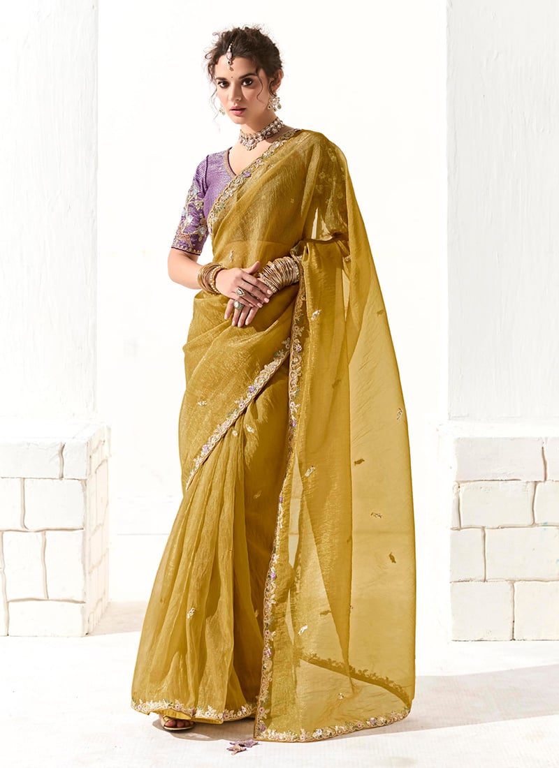 Mustard Tissue Zari Hand Embroidered Sequins Saree