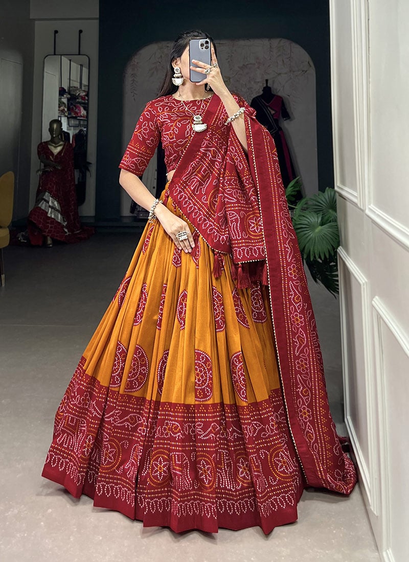 Mustard Tussar Silk Bandhej Print Lehenga