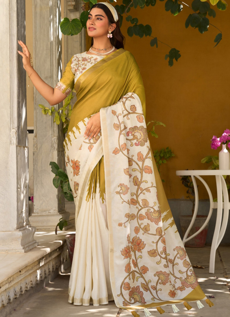 Mustard Tussar Silk Digital Printed Saree After Six Wear