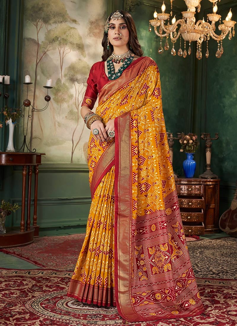 Mustard Tussar Silk Ikkat Print Zari Woven Saree Festive Wear-SASACZ1686