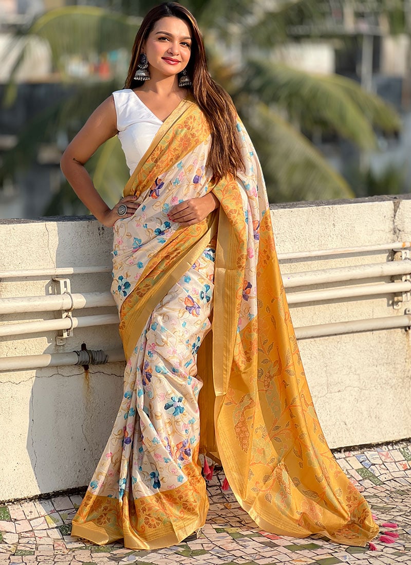 Mustard Tussar Silk Kalamkari Print Saree Festive Wear