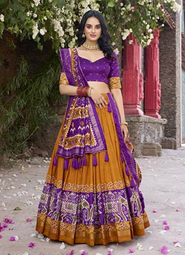 Mustard Tussar Silk Zari Patola Print Umbrella Lehenga Festive Wear