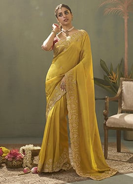 Mustard Upada Silk Zari Sequins Embroidered Saree