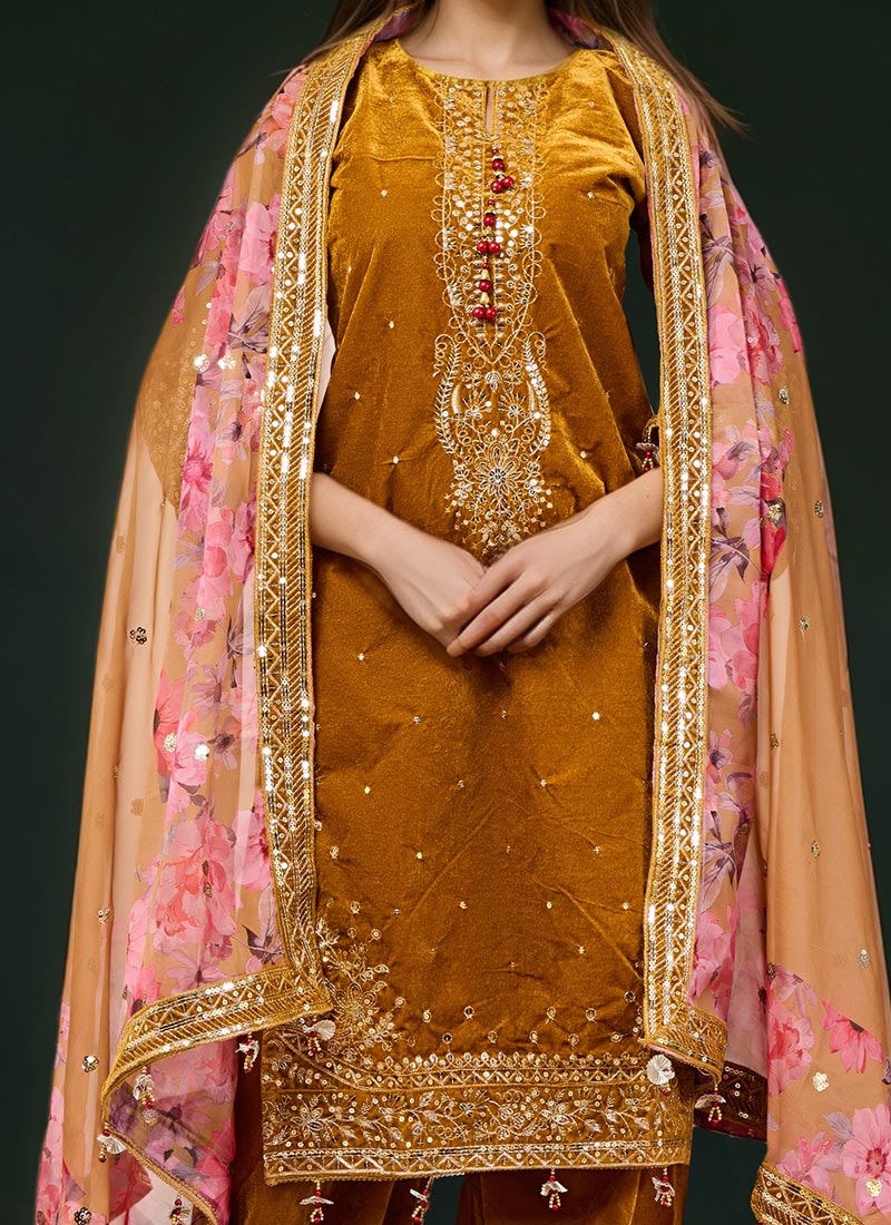 Mustard Printed Velvet Suit Set