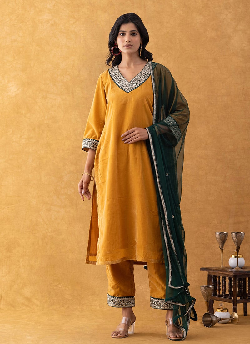 Mustard Velvet Straight Pant Suit After Six Wear