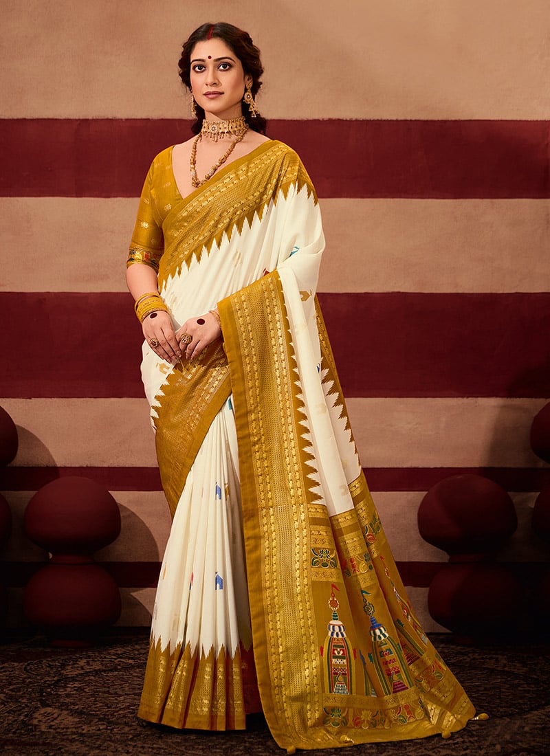 Mustard Velvet Tussar Silk Jacquard Foil Print Sambalpuri Foil Print Saree Festive Wear
