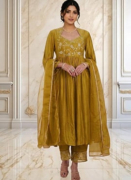 Mustard Vichitra Silk  Zari Sequins Anarkali Suit