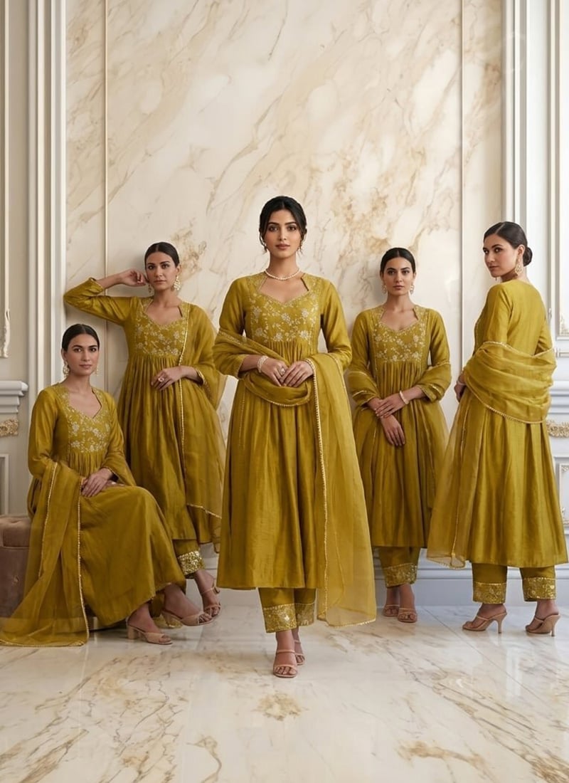 Mustard Vichitra Silk Zari Sequins Anarkali Suit Wedding Wear