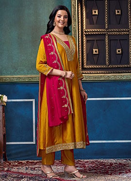 Mustard Vichitra Silk Embroidered Sequins Anarkali Suit