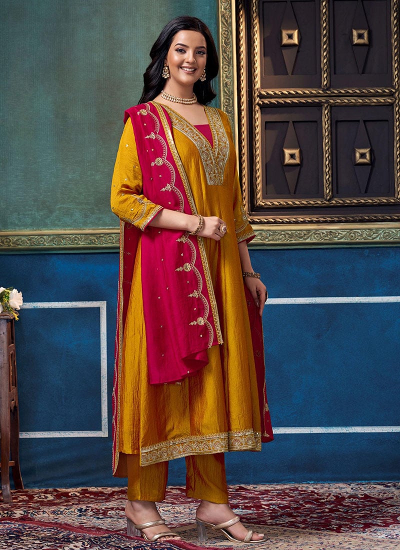 Mustard Vichitra Silk Embroidered Sequins Anarkali Suit Festive Wear
