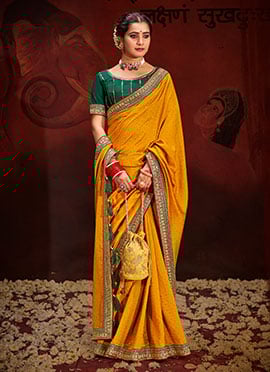 Mustard Vichitra Silk Embroidered Sequins And Stones Saree