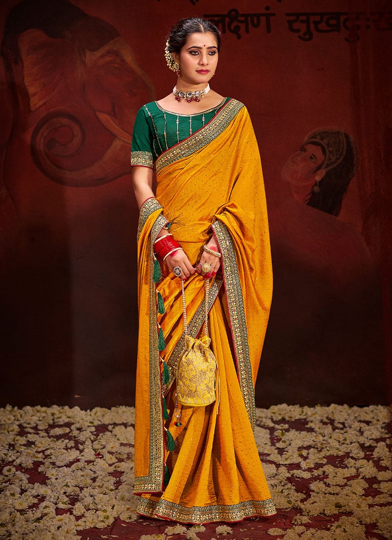 Mustard Vichitra Silk Embroidered Sequins And Stones Saree  Festive Wear
