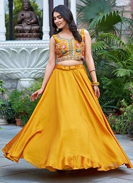 Mustard Vichitra Silk Embroidered Sequins Indowestern Skirt Jacket Set