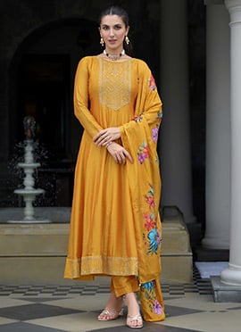 Mustard Vichitra Silk Embroidered Sequins Straight Pant Suit With Floral Digital Print Dupatta