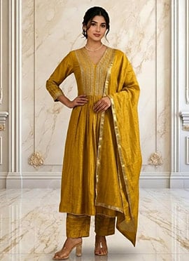 Mustard Vichitra Silk Hand Embroidered Sequins With Beads Work Anarkali Suit