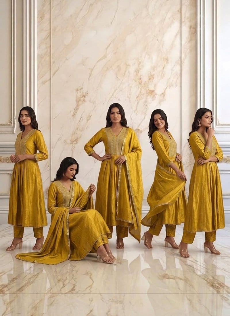 Mustard Vichitra Silk Hand Embroidered Sequins With Beads Work Anarkali Suit Wedding Wear
