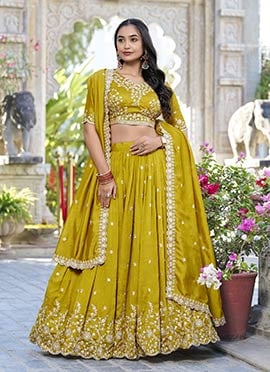 Mustard Vichitra Silk Sequins Embroidered Umbrella Lehenga