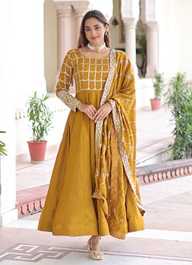 Mustard Vichitra Silk Sequins Zari Embroidered Anarkali Suit