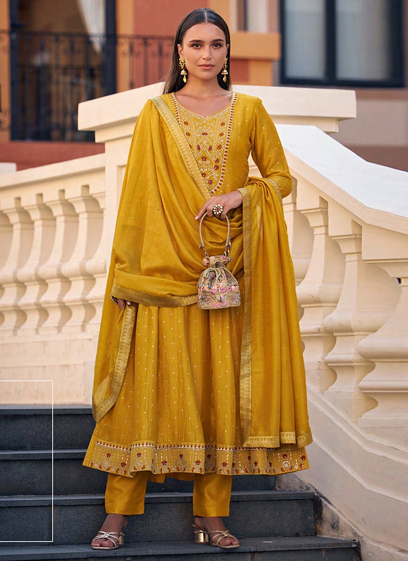Mustard Vichitra Silk Zari Embroidered Sequins A Line Straight Pant Suit Festive Wear