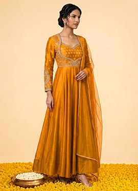Mustard Vichitra Silk Zari Sequins Embroidered Anarkali Suit