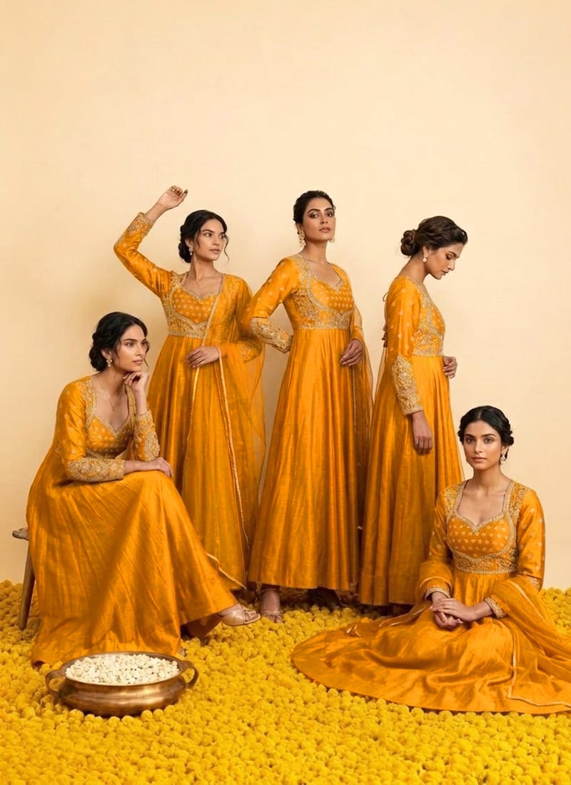 Mustard Vichitra Silk Zari Sequins Embroidered Anarkali Suit After Six Wear