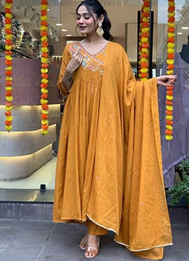 Mustard Viscose Chanderi Embroidered Angarkha Style Straight Pant Suit