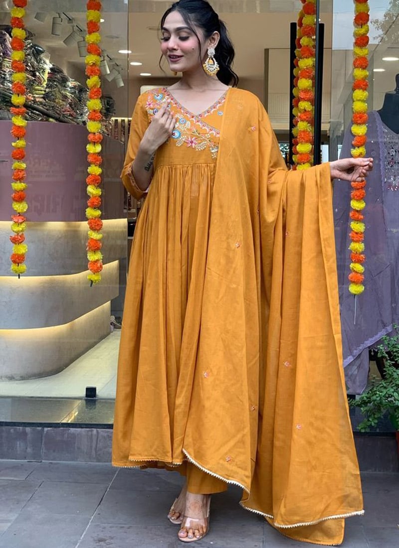 Mustard Viscose Chanderi Embroidered Angarkha Style Straight Pant Suit After Six Wear