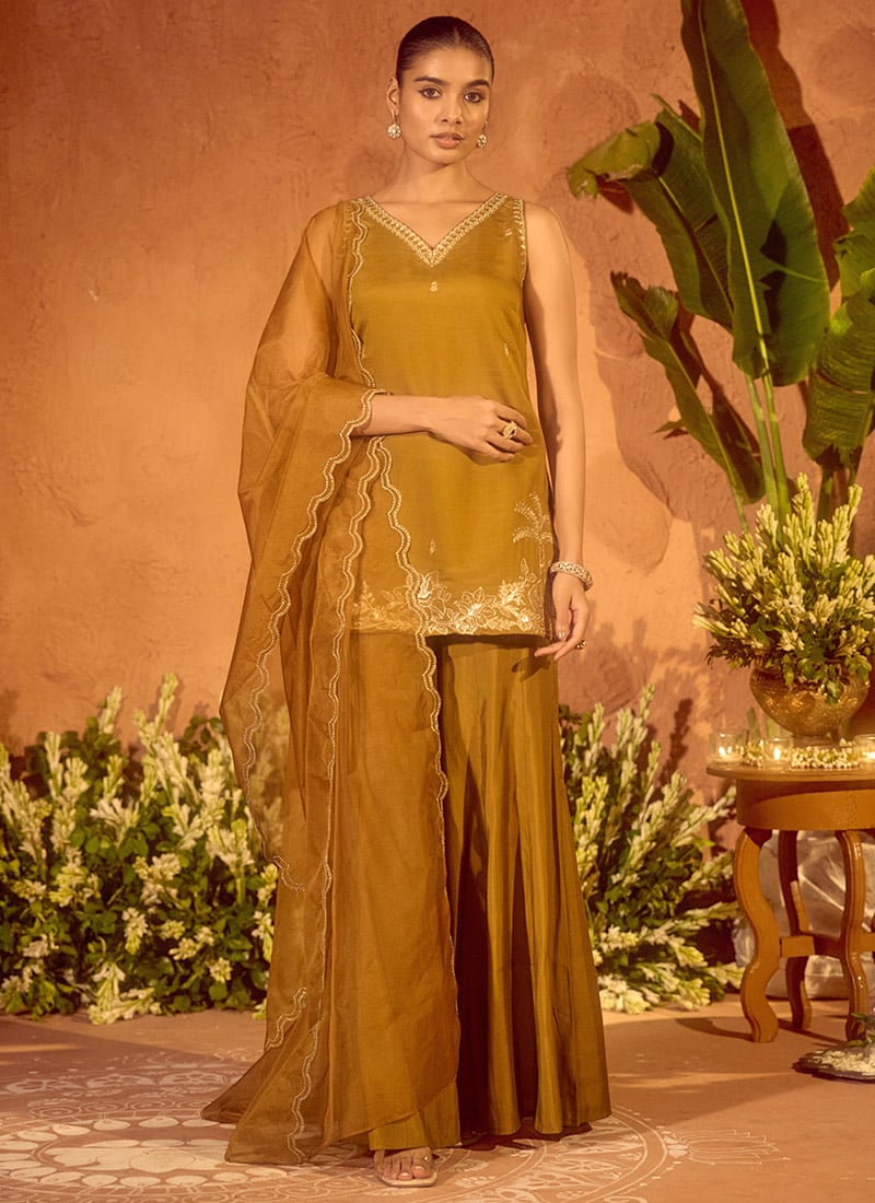 Mustard Viscose Chanderi Embroidered Palazzo Suit Festive Wear