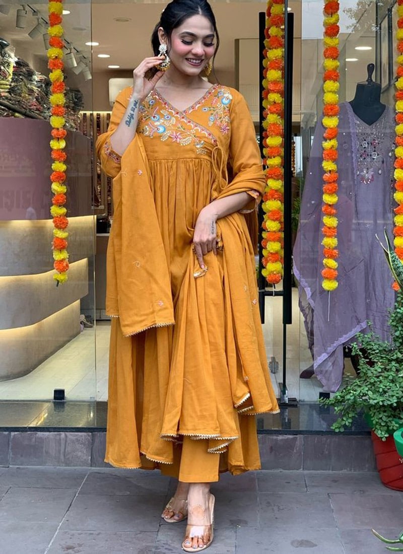 Mustard Viscose Chanderi Embroidered Sequins Angarkha Style Anarkali Suit Festive Wear