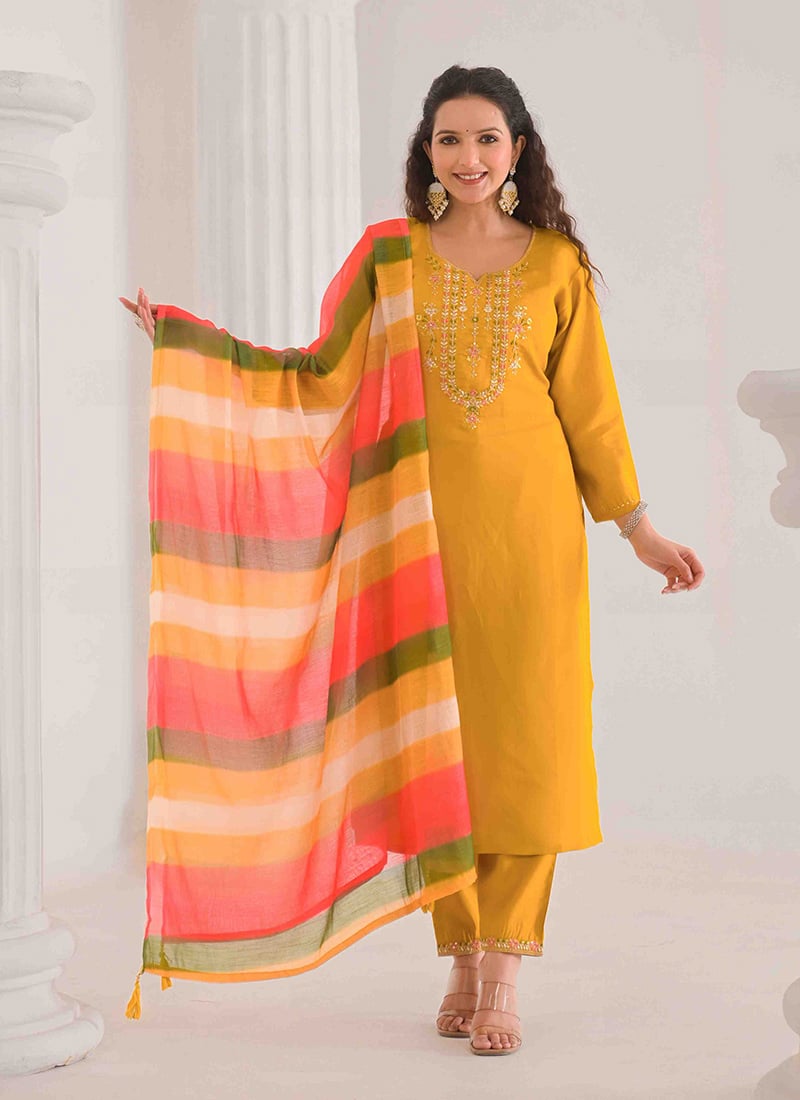 Mustard Viscose Chanderi Embroidered Sequins Straight Pant Suit