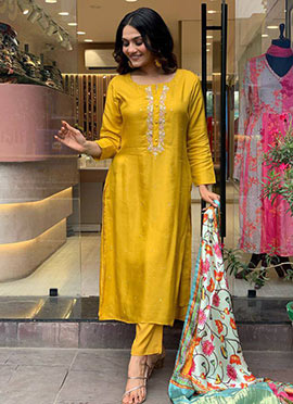 Mustard Viscose Chanderi Embroidered Staight Pant Suit With Printed Dupatta