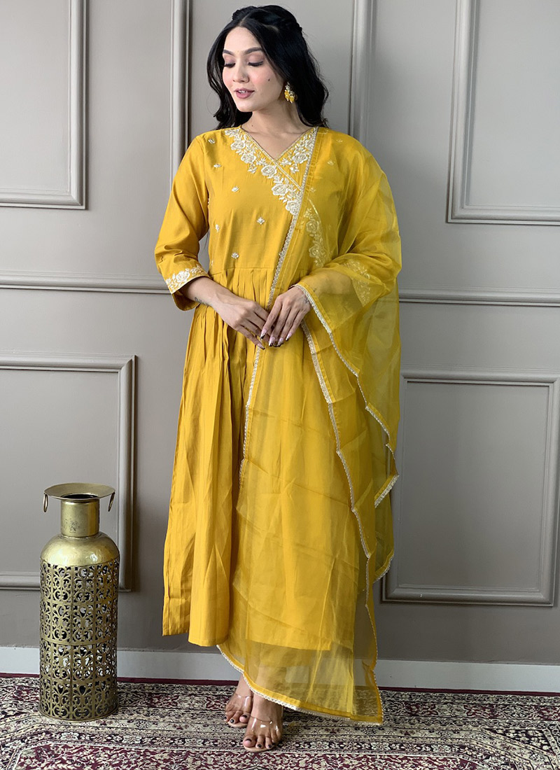 Mustard Viscose Chanderi Embroidered Stunning Straight Pant Suit Festive Wear