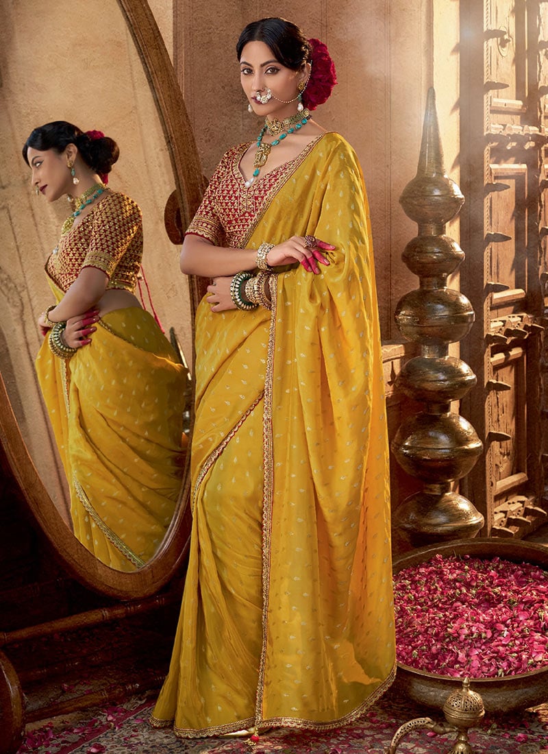 Mustard Viscose Crepe Zari Embroidered Sequins Saree