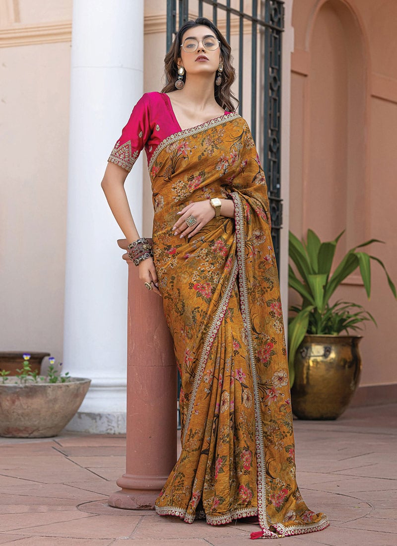 Mustard Viscose Dola Silk Zari Embroidered Sequins Floral Digital Print Saree