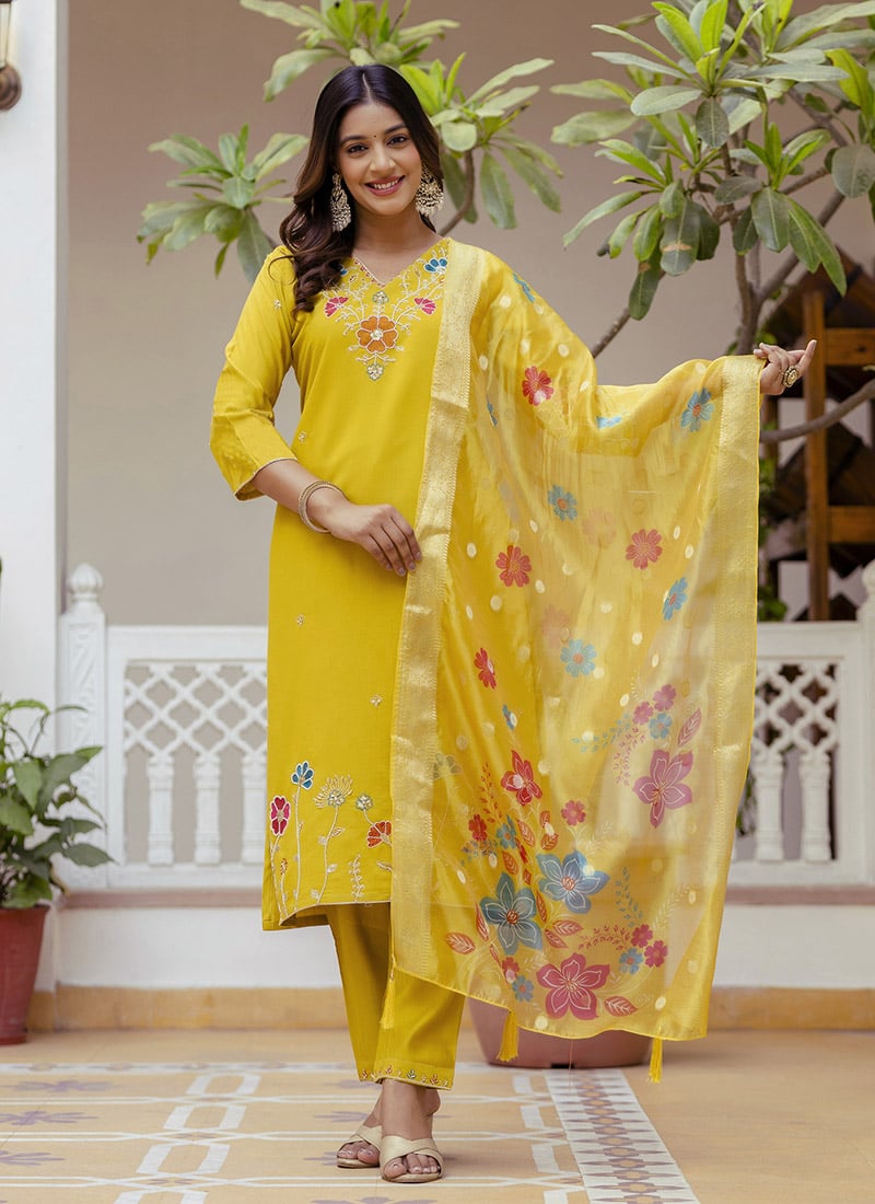 Mustard Viscose Embroidered And Printed Straight Pant Suit After Six Wear