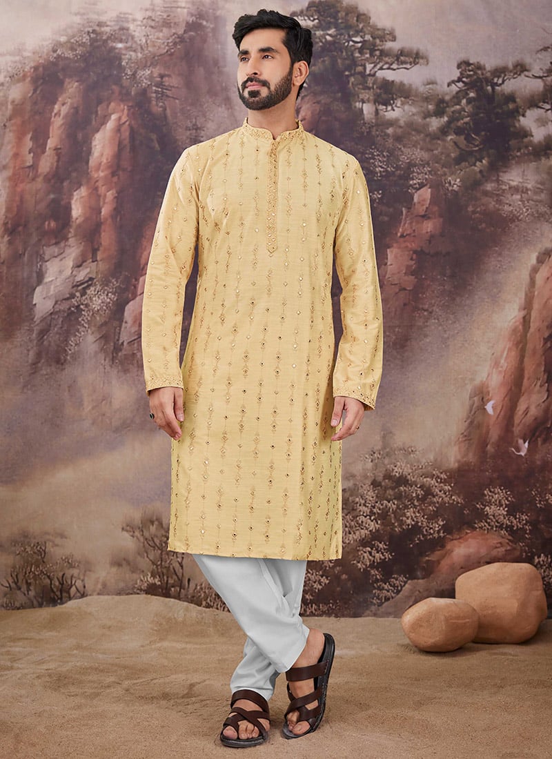 Mustard Viscose Embroidered Mirror Work Kurta Pyjama Festive Wear