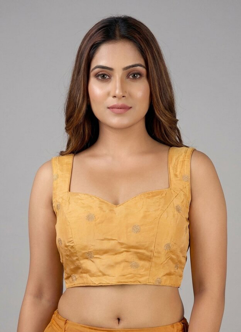 Mustard Viscose Embroidered Smocking Stretchable Blouse Festive Wear