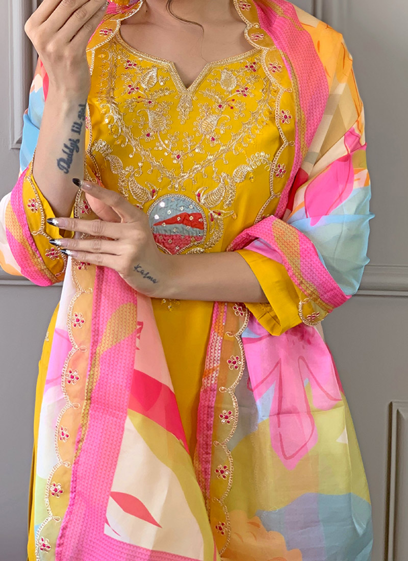 Plus Size Mustard Printed Viscose Straight Suit Set With Dupatta