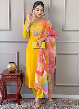 Mustard Viscose Embroidered Straight Pant Suit With Digital Print Dupatta