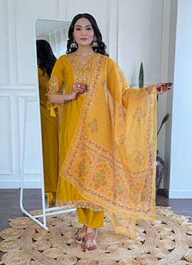 Mustard Viscose Embroidered Straight Pant Suit With Printed Dupatta