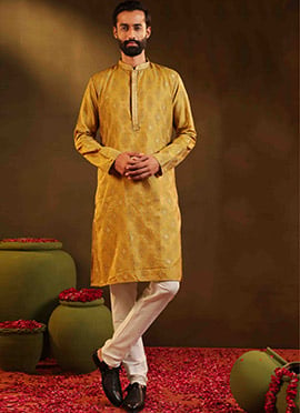 Mustard Viscose Jacquard Kurta Pyjama For Men