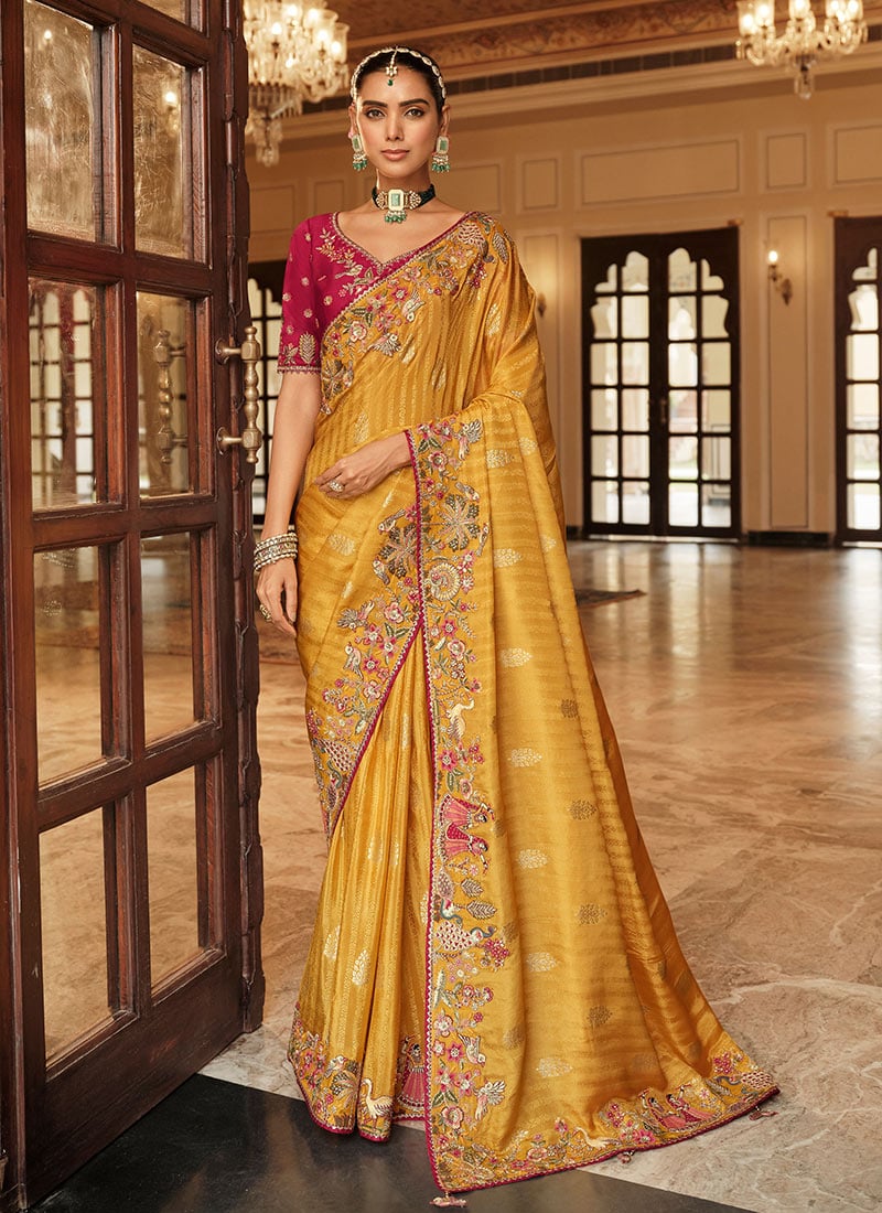 Mustard Viscose Jacquard Silk Zari And Sequins Embroidered Saree Festive Wear