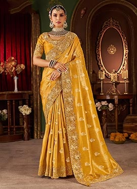 Mustard Viscose Jacquard Tissue Zari Embroidered Sequins Beads And Stone Work Saree