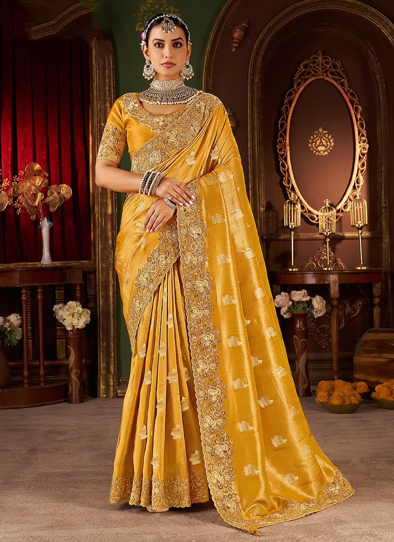 Mustard Viscose Jacquard Tissue Zari Embroidered Sequins Beads And Stone Work Saree Wedding Wear
