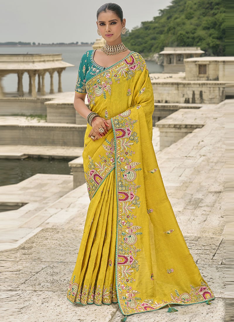 Mustard Viscose Jacquard Zari Embroidered Sequins Stone And Beads Work Saree