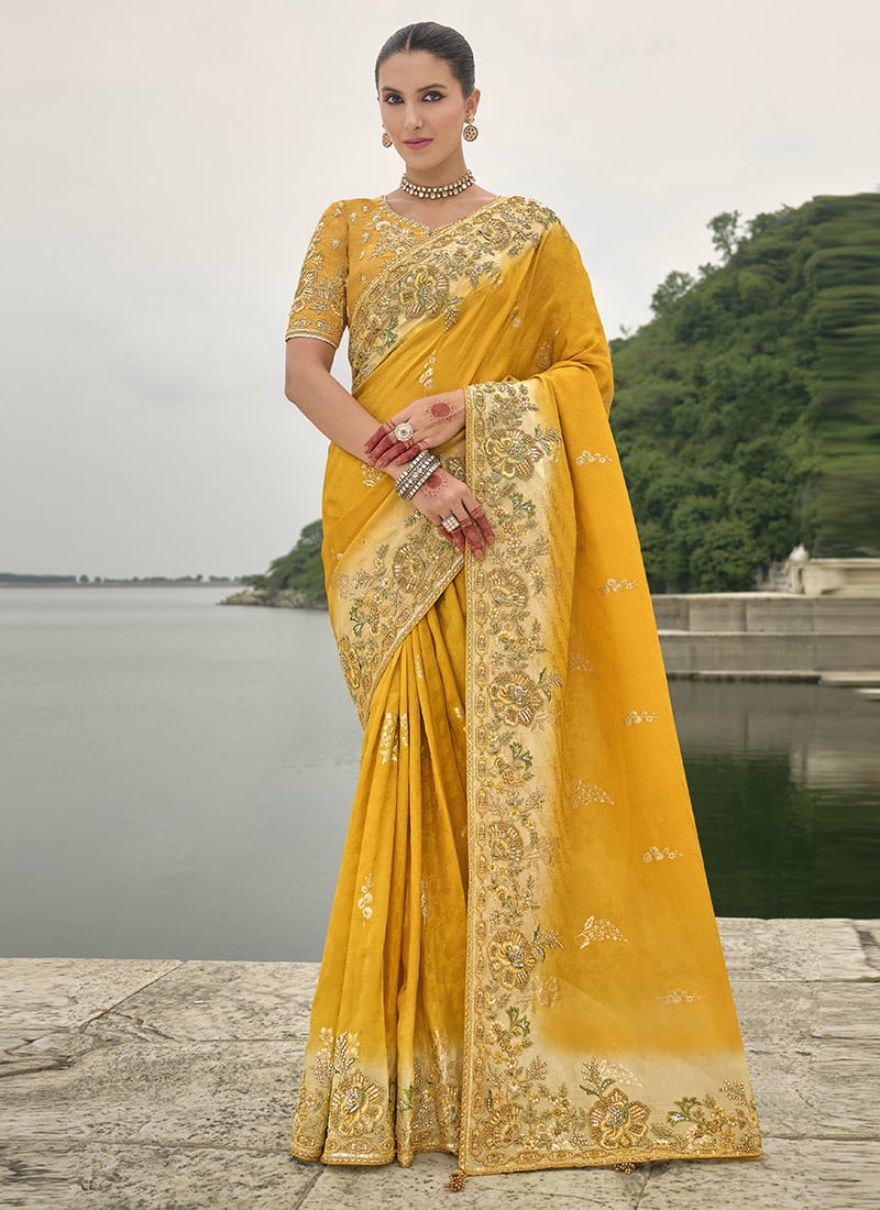 Mustard Viscose Jacquard Zari Embroidered Sequins Stone And Beads Work Saree