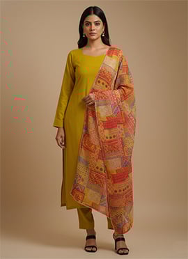 Mustard Viscose Printed Straight Pant Suit