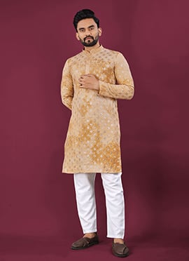 Mustard Viscose Rayon Lucknowi Chikankari Sequins Kurta Pyjama