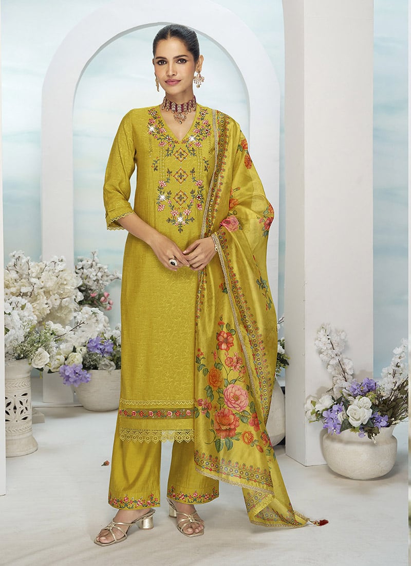 Mustard Viscose Silk Embroidered Sequins Straight Pant Suit Festive Wear